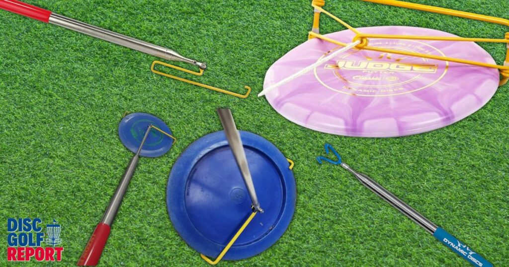 Several disc golf retrievers on a grass background