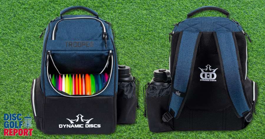 The front and back of a Dynamic Discs Trooper, one of the best disc golf bags