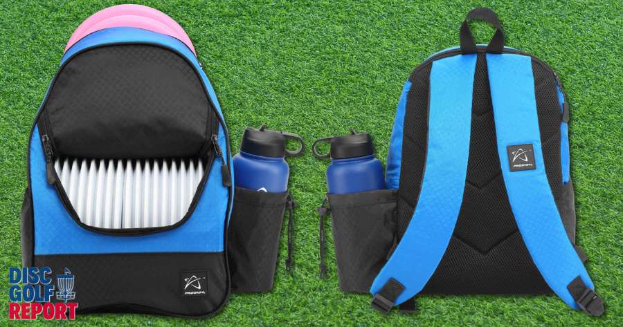 A blue Prodigy BP-4 disc golf bag backpack